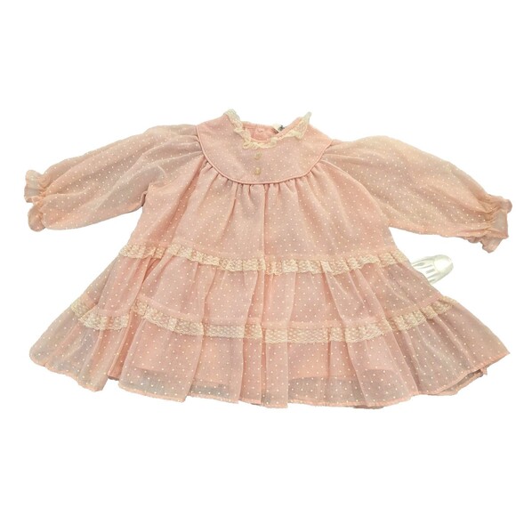 80s VTG Cinderella Dress Girls 12 Months Pink Swiss Dot Lace Tiered USA ILGWU - Picture 1 of 10